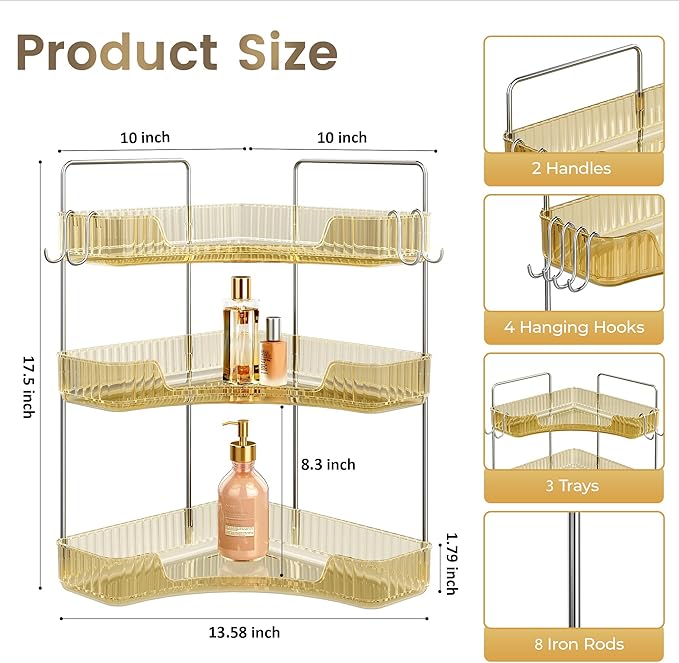 Golden 3-Tier Corner Bathroom Organizer, Countertop Storage Shelf with Hooks | Makeup & Skincare Organizer for Bathroom Sink and Vanity Counter
