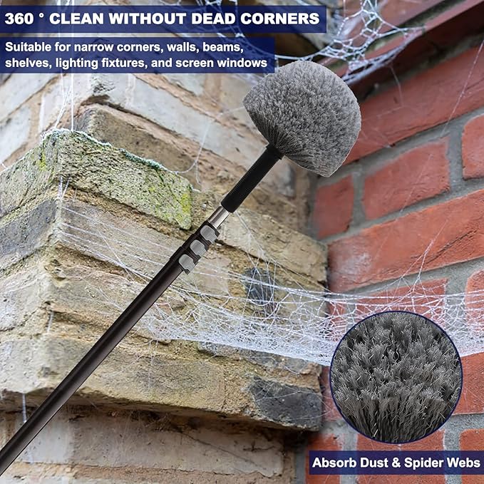 2 Pack Grey Twist-On Cobweb Duster Head Brush - Fits Standard 3/4 inch Threaded Poles, Attachment Spider Web Duster Brush for Outdoor & Indoor Cleaning