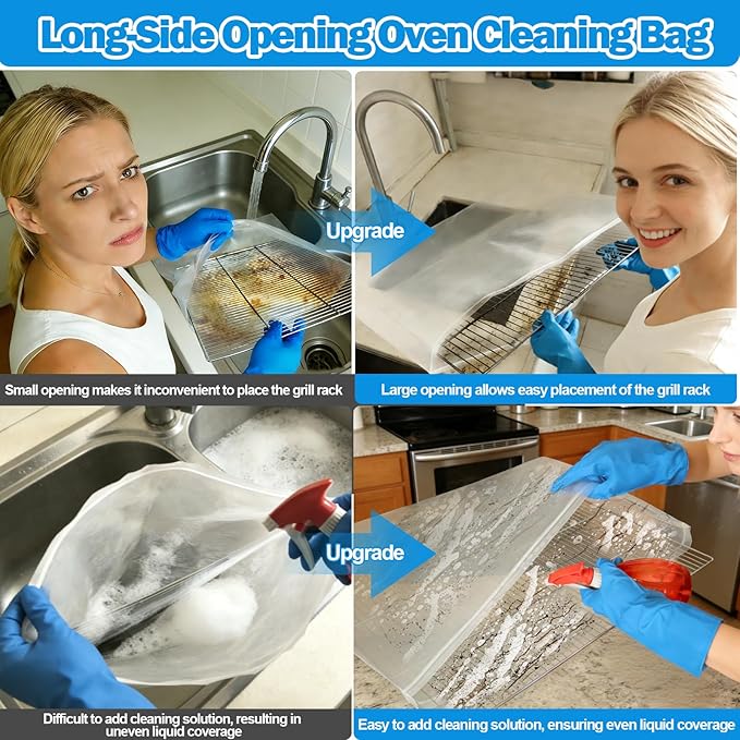 XANGNIER 3 Pack No Scrub Oven Rack Cleaning Bags with Side Zipper Opening,27.8 * 19.5 in,No Cleaner Included, Reusable Leakproof Soaking Cleaner Bags for Removable Metal Rack,BBQ Grills,Grill Grate