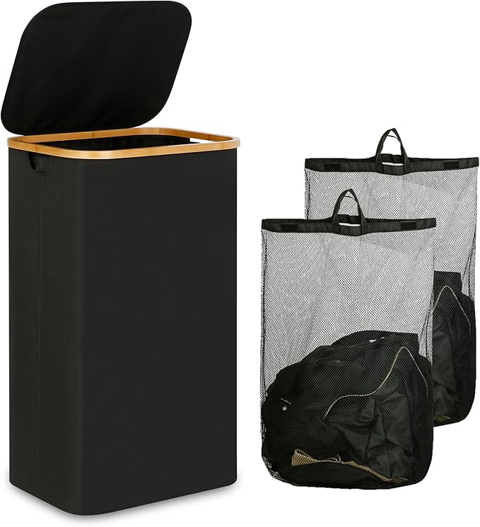 iEGrow Laundry Hamper with Lid, 110L Large Laundry Basket with Handle, Collapsible Clothes Basket Organizer with Removable 2 Inner Bag for Clothes Toys Towels - Black