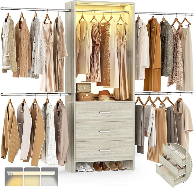 Aheaplus Closet System with Motion-Sensing Light, 3 Wooden Drawers and 4 Hanging Rods, Customizable Walk-in Closet Organizer with 3CCT LED, Heavy Duty Garment Rack for Bedroom, White Oak