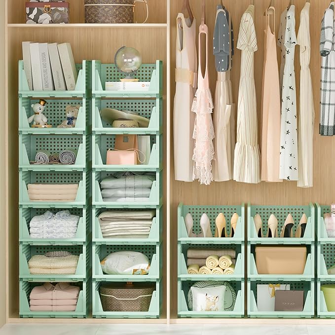 Stackable Plastic Storage Drawers for Closet Organizers and Storage, Open Storage Bins Closet Shelf Clothes Organizer for Closet Wardrobe (5, Green)