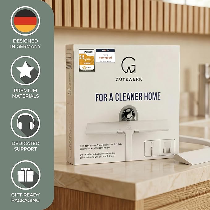 GÜTEWERK Silicone Shower Squeegee for Glass Doors & Mirrors with Stainless Steel Core, Streak-Free & No-Squeak Window Cleaning, 3-in-1 No-Drill Mount (Hook/Suction/Adhesive),White, 13 Inches