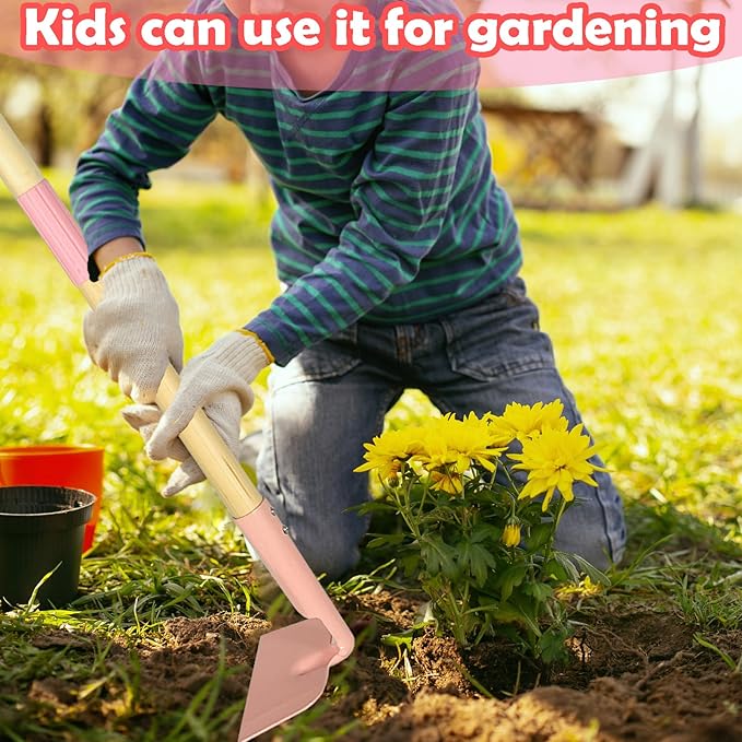 Kids Garden Lawn Hoe-Small Wooden Handle Hoe with Metal Head, 31 inches/ 79 cm Length, for Kids Garden Labor Hoe (Pink)