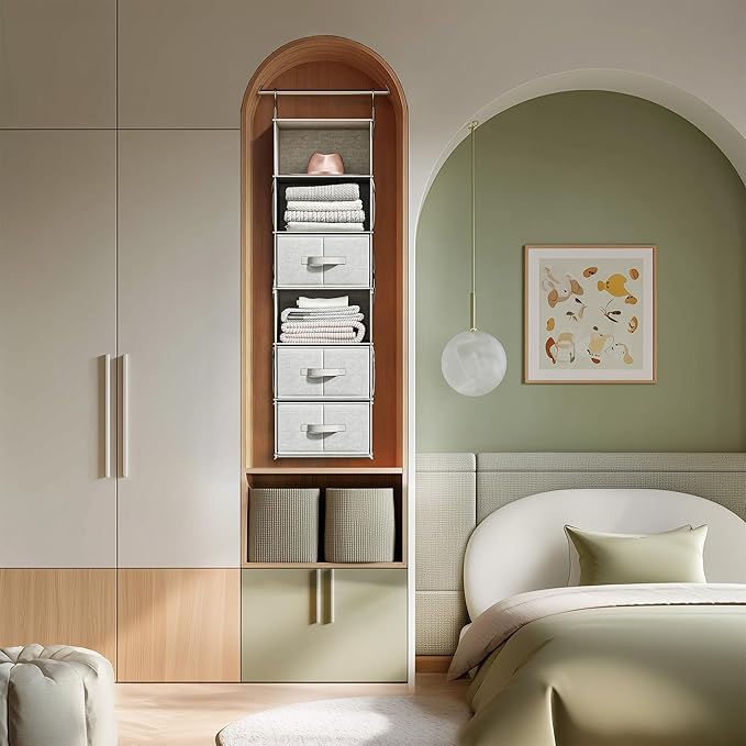 Vailando 6-Shelf Hanging Closet Organizer with 3 Drawers, Closet Hanging Shelves with Removable Fabric Drawers for Wardrobe, Nursery & Dorm Storage, Silver Gray