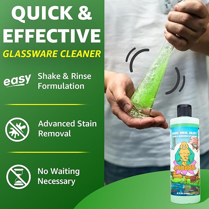 Chubbs Shake & Rinse Glass Cleaner - Cleans and Restores Within Minutes/Removes Tough, Hard-To-Reach Stains From Glassware | Perfect for Ceramic, Glass, & Metal | Restores Glass Back To New 16 Fl Oz