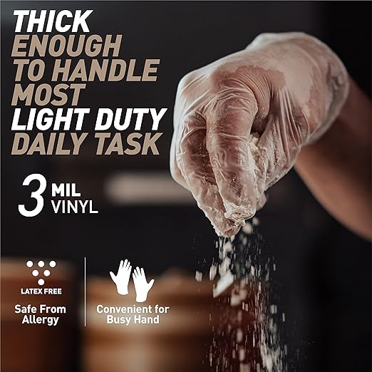 OKIAAS Disposable Gloves L, Food Safe, Bulk of 200 Pcs|Latex and Powder-Free Clear Vinyl Gloves for Cleaning, Food Prep
