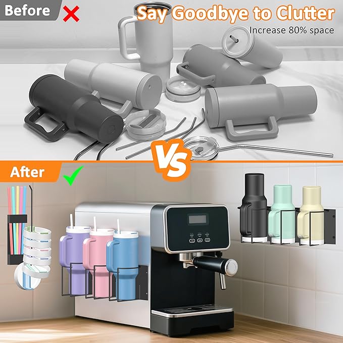 Magnetic Cup Holder for Fridge - Tumbler Organizer for Stanley 20/30/40 oz, Stanley Cup Holder with Lid & Straw Holders, Water Bottle Organizer Stanleys Cup Accessories Storage for Kitchen Fridge