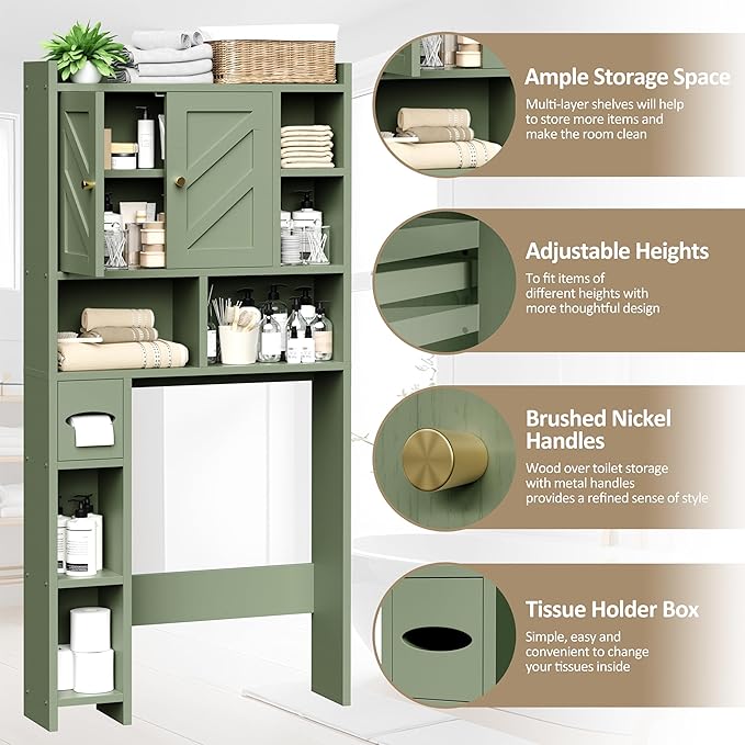 Meilocar Over the Toilet Storage Cabinet, 64.6" Tall Bathroom Storage Cabinets with Toilet Paper Holder & Adjustable Shelf, Freestanding Wood Cabinet for Bathroom, Green
