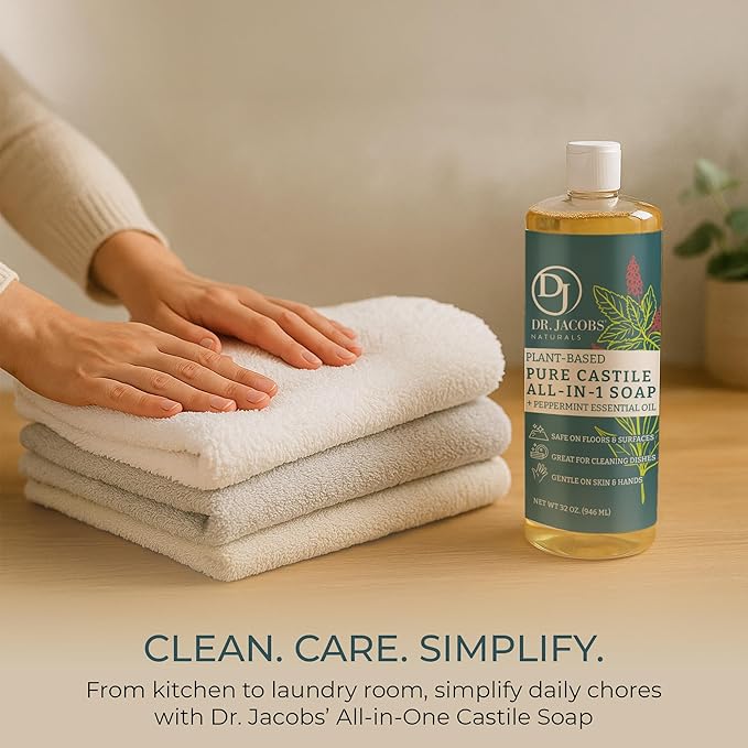 Dr. Jacobs Naturals Peppermint Castile All-in-One Cleaner and Soap - Plant-Based Formula for House Cleaning Floors and Appliances - Gentle on Skin and the Planet - 32 oz, 2 Pack