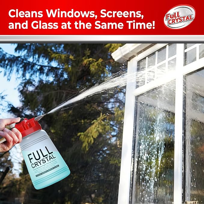 Full Crystal Window Cleaning Kit – 16 oz Glass Cleaner and Bottle with 27 ft Reach, Each 4 oz Bag Makes Up to 640 fl oz, Cleans Up to 80 Windows, Scrub-Free, Rinse-Free