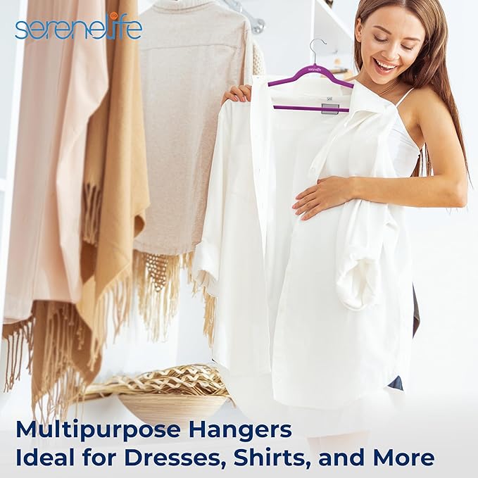 SereneLife 200 Pack Velvet Hangers - Non-Slip Felt Hangers with 360° Swivel Hook, Space-Saving, Ultra-Thin, Lightweight for Shirts, Sweaters, Hoodies, Kids Clothes & Dresses (Purple)