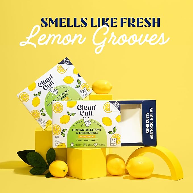 Cleancult Toilet Bowl Cleaner Sheets - Dissolvable, Septic Safe, Effective Cleaning, Removes Stains & Rings, Cleans & Deodorizes - 32 Uses - Fresh Lemon Scent - Plastic-Free Packaging,(Pack of 2)