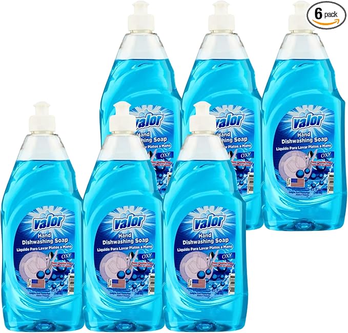 Valor Dishwashing Liquid, 25 fl oz – Dish Soap for Kitchen & Bathroom, Grease-Fighting, Gentle on Hands, Fast Rinse, Eco-Friendly Biodegradable Formula (25.5 oz (Pack of 6), Oxy Power)