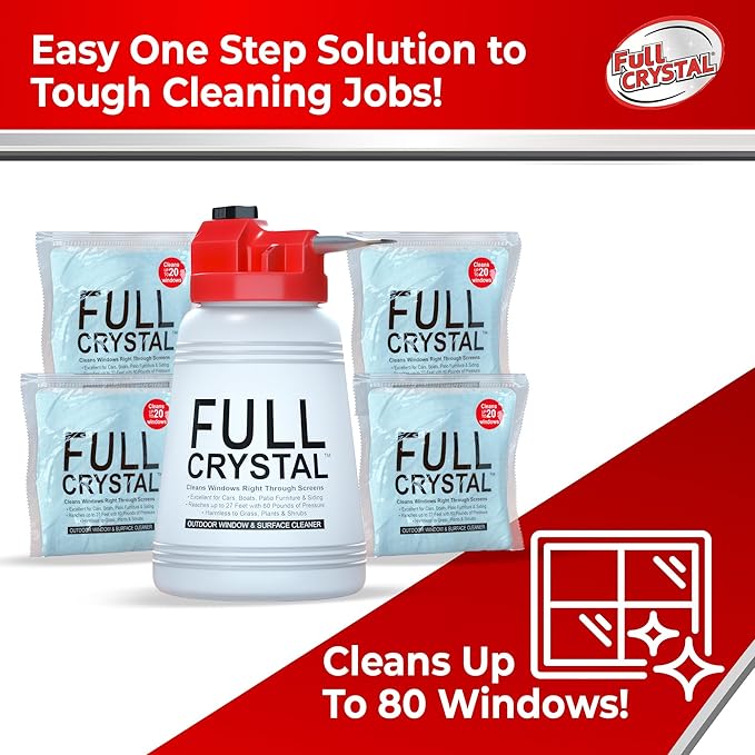 Full Crystal Window Cleaning Kit – 16 oz Glass Cleaner and Bottle with 27 ft Reach, Each 4 oz Bag Makes Up to 640 fl oz, Cleans Up to 80 Windows, Scrub-Free, Rinse-Free