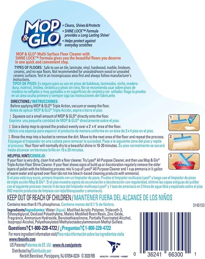 Mop & Glo Multi-Surface Floor Cleaner, Lemon Scent, 64 Oz Bottle, Case Of 6