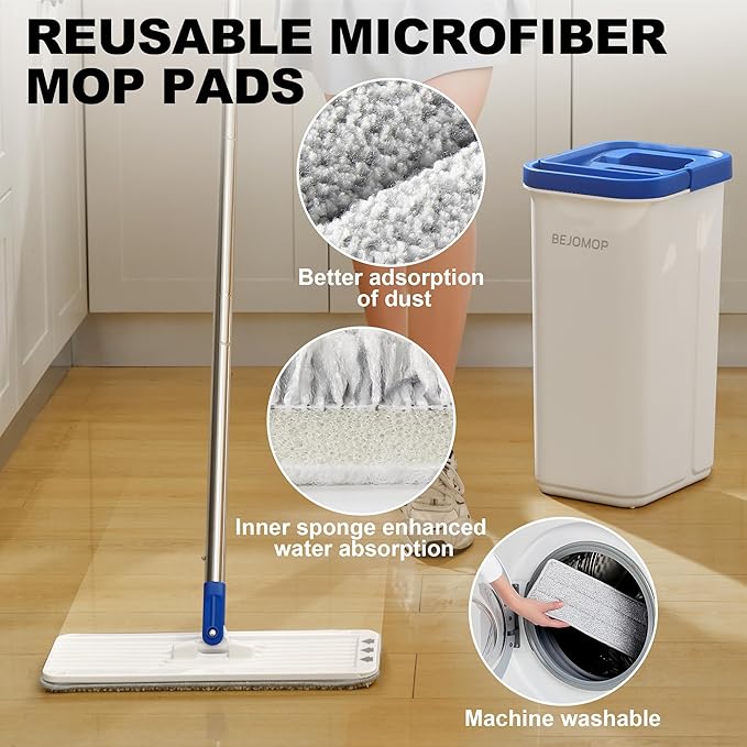 Mop and Bucket Set, Mops for Floor Cleaning with Long Handle, Squeeze Flat Mop and Bucket System, Dry & Wet Dust Mop for Household Floor Cleaning with 5 Microfiber Mops, Slate Blue