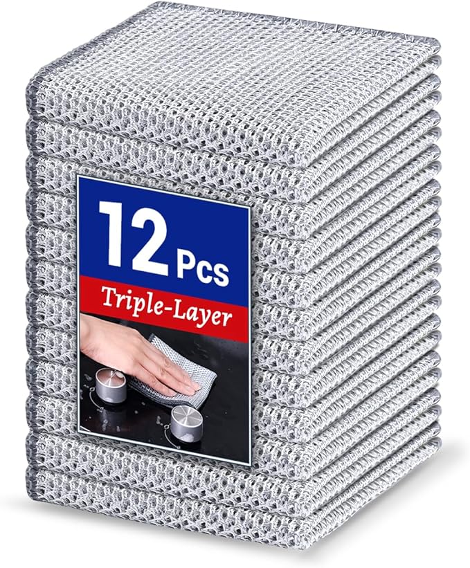 Wangjinpeng 12 PCS 3-Layer Non-Scratch Multipurpose Steel Wire Dishcloths - Reusable Quick-Dry Odor-Free Scrub Cloths for Dishes, Kitchen Cleaning Cloths for Cookware, Sinks, Stove Tops(9.84X9.84)