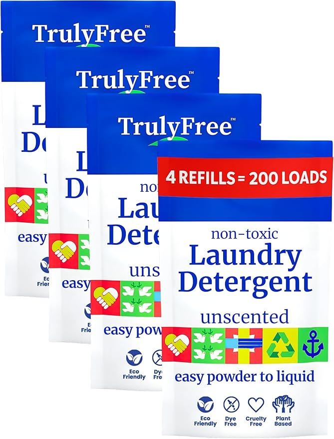 Truly Free Natural Laundry Detergent for Sensitive Skin | Eco Friendly, Plant Based, Baby Clothes Safe | Clean & Easy Powder to Liquid, Unscented | Refill Only (200 Loads)