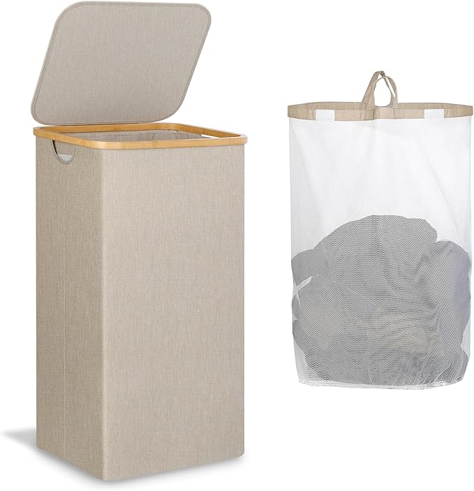 IEGrow Laundry Basket with Lid, Large Laundry Hamper with Handle and Lid, Collapsible Clothes Basket Organizer with Removable Inner Bag for Clothes Toys Towels (Oatmeal, 110L)