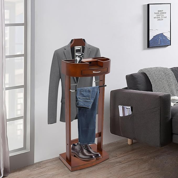 Suit Valet Stand Wood Valet Stand for Man, Wooden Clothing Valet Stand with Contour Hanger, Tray, Trouser Bar, Tie Bar and Base, Mens Valet Stand for Entryway Office Living Room (Brown)