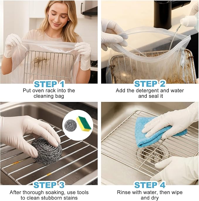 Oven Rack Cleaner Bags Kit Heavy Duty Reusable Oven Rack Soaking Cleaner Bags in 3 Sizes with Gloves Steel Wool Sponges Cleaning Cloths for Deep Degreasing Household Maintenance