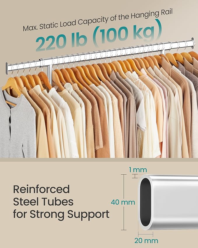 SONGMICS Clothes Rack with Wheels, Heavy-Duty Clothing Rack for Hanging Clothes, Portable, 17.7 x (36.2-52) x 63.6 Inches, with Extendable Rail, 220 lb Load Capacity, Silver UHSR13SV1