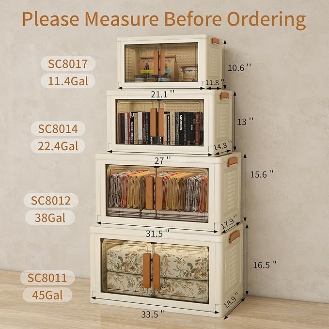 Plastic Stackable Storage Bins with Lids and Wheels, 180QT-45QT*4Tier Foldable Closet Organizers and Containers, Collapsible Clear Drawer Storage Cabinet with Doors Ivory White
