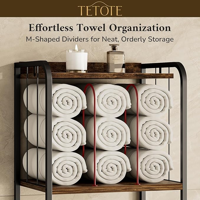 TETOTE Towel Rack for Bathroom 5-Tier Towel Holder with M-Shaped Detachable Dividers Hooks Bathroom Towel Storage Organizer, Rustic
