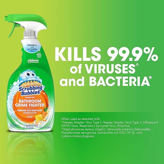 Scrubbing Bubbles Bathroom and Shower Cleaner Disinfectant Spray, Bathroom Grime Fighter, Citrus Scent, 32oz