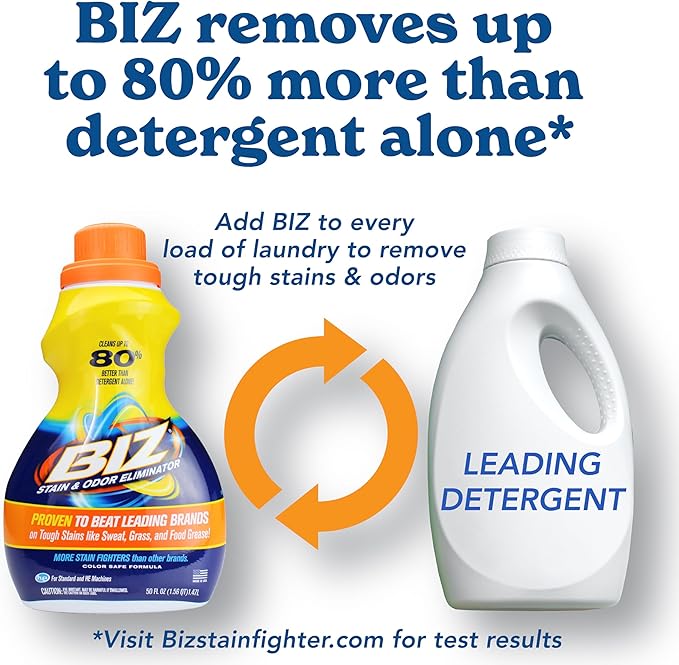 Biz Detergent Stain and Odor Eliminator, 50 oz Liquid Laundry Booster – Powerful Stain Remover for Clothes, Activewear, and Household Fabrics