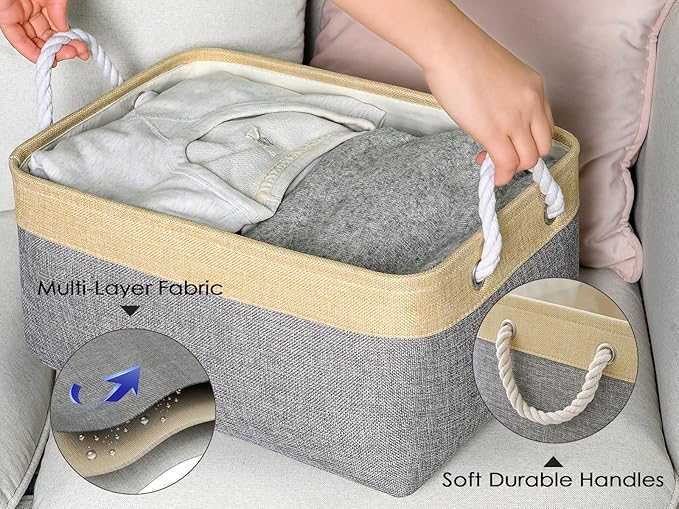 TheWarmHome Storage Bins for Organizing,Sturdy Storage Basket, Decorative Foldable Storage Baskets for Shelves Closet Toy (Gold&Grey Medium - 3 Pack 13.8L×9.8W×6.7H inch)