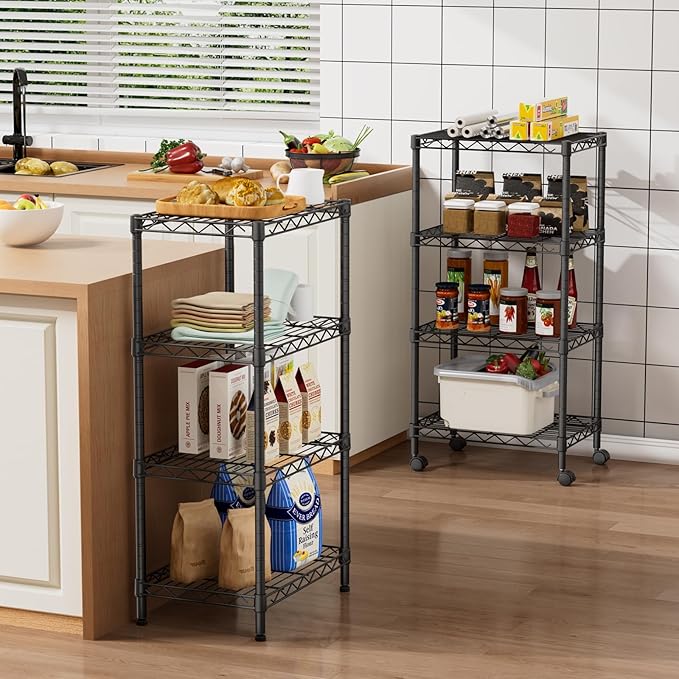 Golpart Small 4 Tier Shelves Storage Wire Shelving Unit Metal Shelf Adjustable Organizers Storage Shelving with Wheels for Bathroom Laundry Room Kitchen Pantry12”D x 18”W x 44.8”H Black