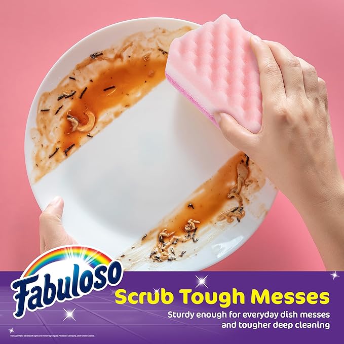 Fabuloso Scratch-Free Kitchen Dish Sponges, Rainbow Cellulose Scrubber Sponge with Scouring Pad for Dishes, Pots, Pans, Counters and Sinks, Tough on Messes, 4.25 x 2.75 x 1.25 in, 6 Count