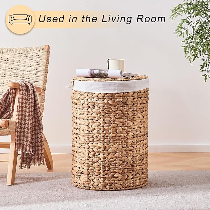 Round Water Hyacinth Laundry Hamper with Lid Handwoven Wicker Basket with Handles for Dirty Clothes, Storage, and Organization Ideal for Bedroom, Bathroom, and Laundry Room, No Assembly Required, 2Pcs