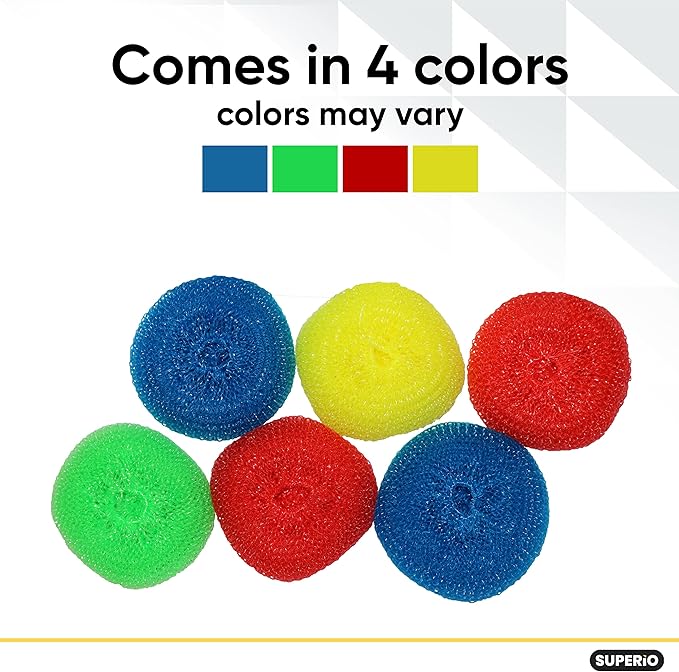 Superio Nylon Scouring Pads - Dish Scrubbers, Durable Mesh Scourers for Dishes, Pots, Stoves - 12 Pack (Assorted Colors)
