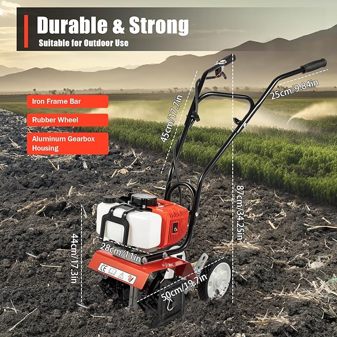 52cc 2 Stroke Gas Mini Tiller Cultivator, 1700W Garden Tiller with Widened Mud Flap and 4 Steel Tines, Gas Powered Garden Tiller Cultivator for Garden, Lawn, Soil Cultivation, 6500-7000RPM