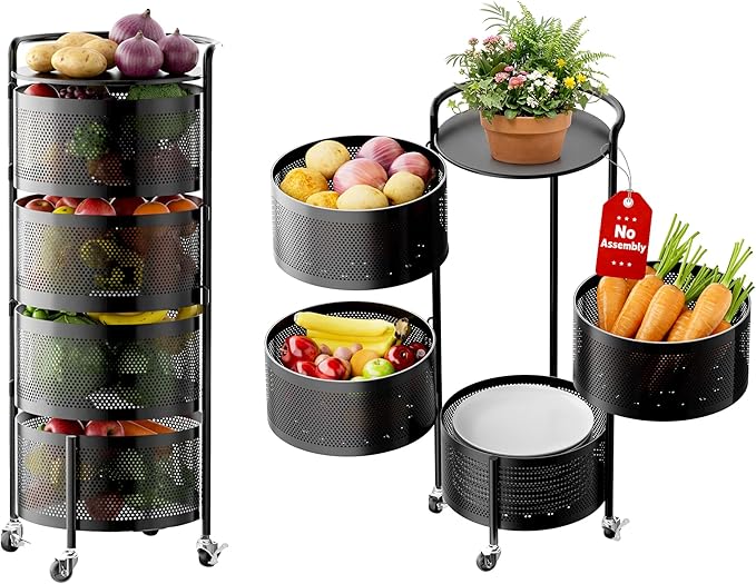 JAQ No Assembly Integrated Vegetable Storage Rack, 4-Tier Rotating Fruit Basket with Wheels, Solid Carbon Steel Kitchen Storage Cart for Potato Onion Produce, Fruteros para Cocina, Black