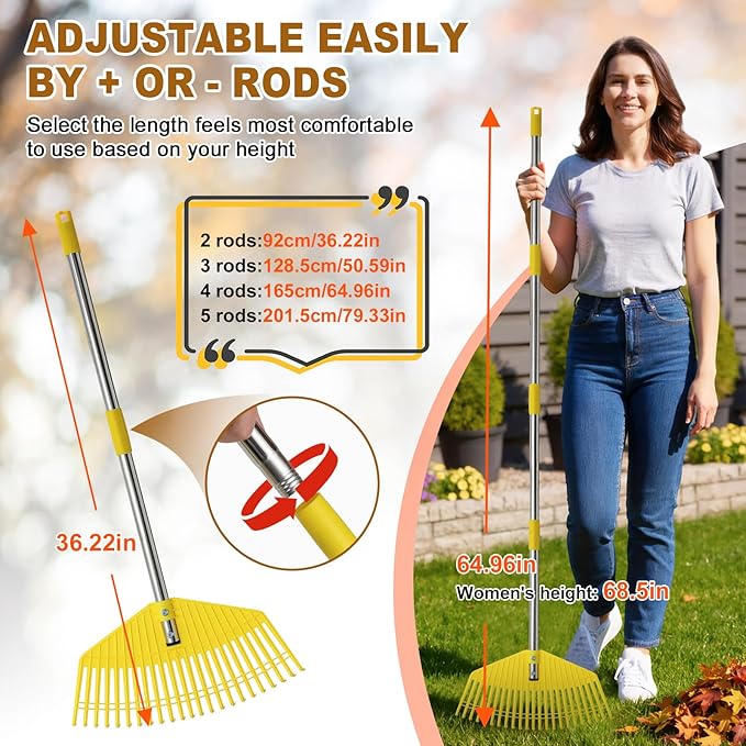 Leaf Rake - 17" Wide Nylon Plastic Head,51" Adjustable Stainless Steel Handle,Heavy Duty Gardening Leaves Rake Tools for Garden Lawns,Yard,Shrub,Grass - Lightweight for Women,Seniors & Kids