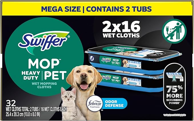 Swiffer Heavy Duty Mop Wet Multi-Surface Cloth Refills for Floor Mopping and Cleaning, Pet with Febreze Odor Defense, 32 count