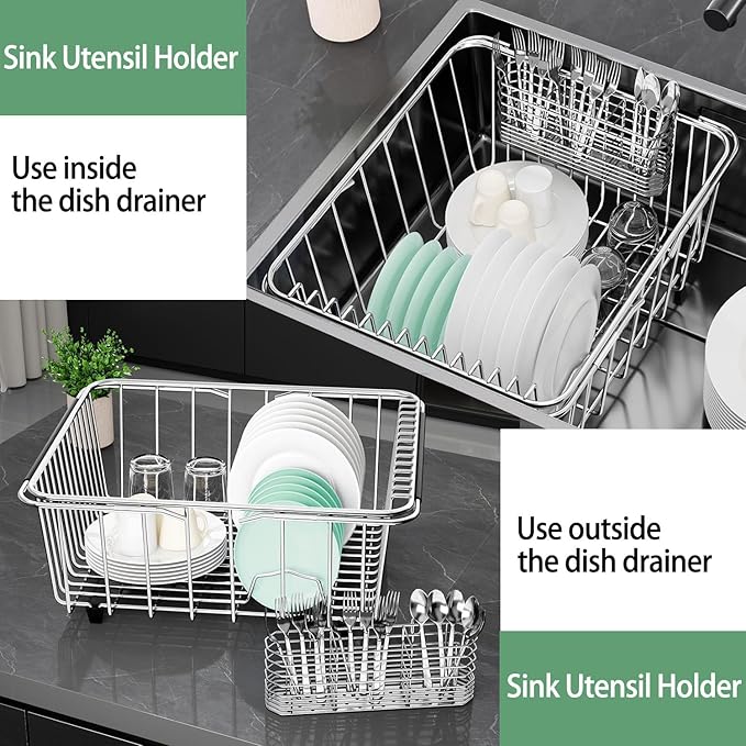 Fanbsy 304 Stainless Steel Utensil Holder, Dish Drying Rack, Kitchen Utensil Organizer, Knife and Fork Drainage Rack, Kitchen Drainage Basket Accessories, with Hooks, Rust Proof