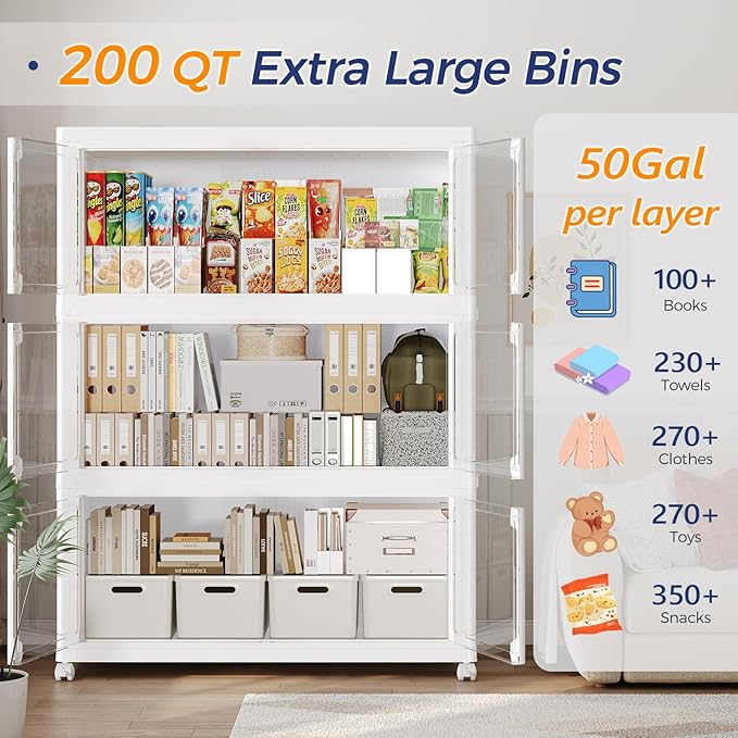 600Qt Stackable Storage Bins with Lid and Wheels, 150Gal Plastic Closet Organizer and Storage Drawer, Large Collapsible Storage Box Cabinet with Clear Door for Home Kitchen Office, 3Pack White