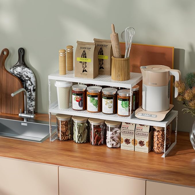 Jojocross Adjustable Stackable Metal Storage Shelf Organizer - Expandable Wire Rack with Perforations for Kitchen, Pantry, Bathroom, Cabinet & Office-Compact, Durable & Sturdy (1PACK/Large/White)
