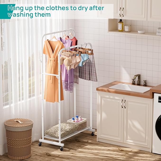 SINGAYE Clothing Rack Garment Coat Racks Drying Metal Freestanding for Hanging Clothes Portable With Wheels Closet for Laundry Bedroom White