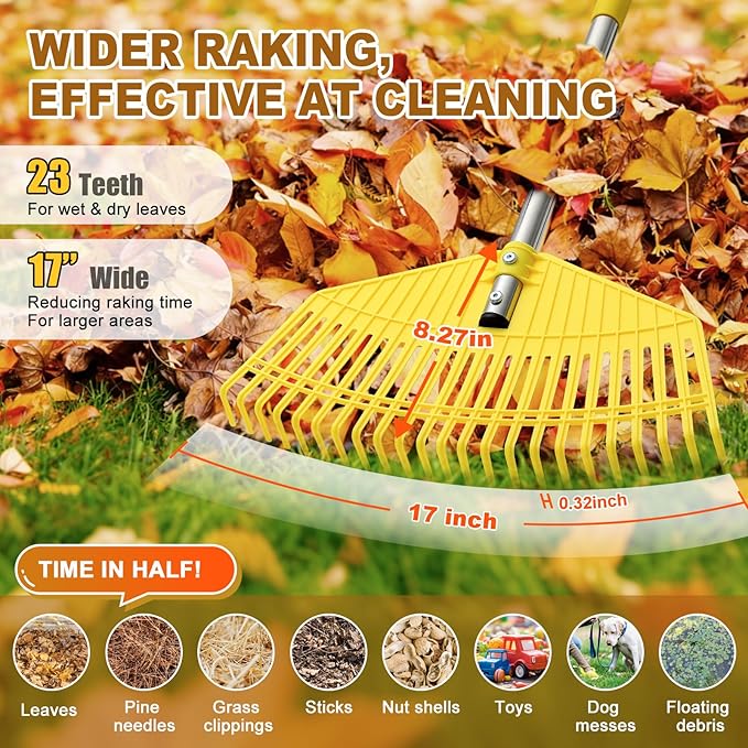 Garden Rake for Leaves - Extra Wide 17" Leaf Rake,Lightweight Long Handle for Women Seniors Kids Effortless Clean-Up,23 Non-Clog Flexible Tines for Lawn-Friendly,80” Adjustable Plastic Rakes for Yard