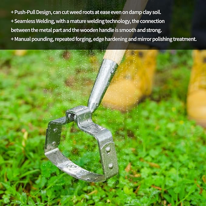 Berry&Bird 63''Garden Weeder Hoe Stainless Steel Hula Weeding Hoe, Action Stirrup Hoe for Gardening Loop Scuffle Hoe with Wooden Long Handle Hand Weeder Tool Push Pull Dutch Hoe Heavy Duty
