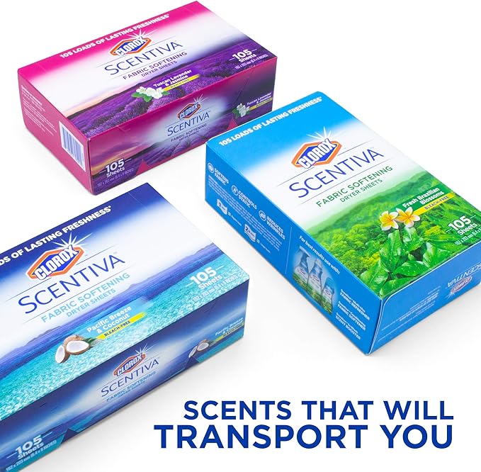 Clorox Scentiva Fabric Softening Dryer Sheets, 105 Sheets per Pack, Pacific Breeze & Coconut Scent | Bleach-Free Fabric Softener Sheets for Static Control and Reduce Wrinkles (6 Pack)
