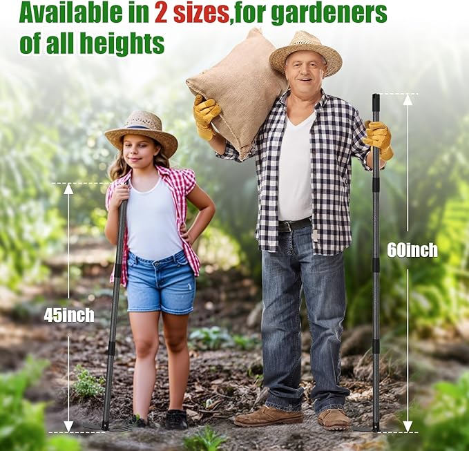 Hoe Garden Tool - Heavy Duty 2 in 1 Weed Hoes with Tiller Cultivator Rake,60 Inch Garden Hoe Long Handle for Weeding,Hand Weeder Tools for Indoor Outdoor Gardening,Planting