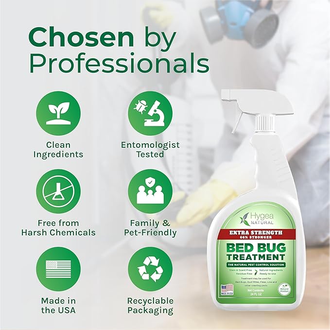 Hygea Natural Extra Strength Bed Bug & Mite Spray - Child & Pet Friendly - Stain & Odor Free - 66% Stronger Formula (24 oz)