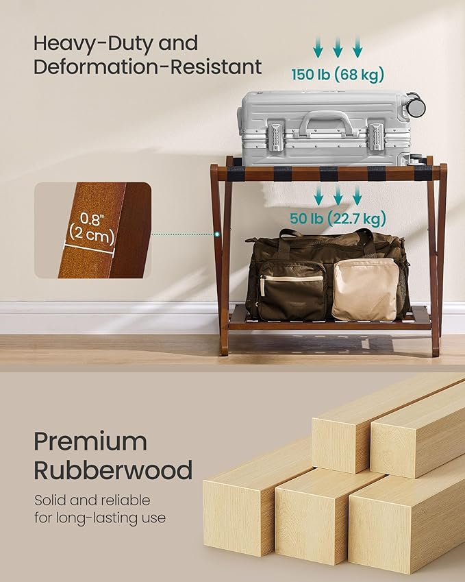 SONGMICS Solid Wood Luggage Racks, Set of 2, No Assembly Required, Foldable Suitcase Stand, Luggage Holder, with Storage Shelf, for Guest Room, Hotel, Bedroom, Coffee Brown URLR021K01
